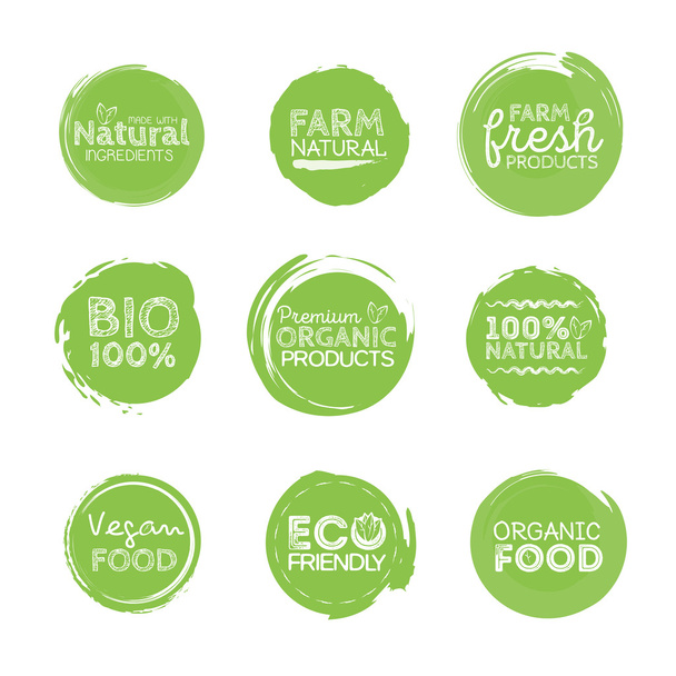Groene Eco voedsel etiketten. Gezondheid koppen. Vector illustratie collectie - Vector, afbeelding