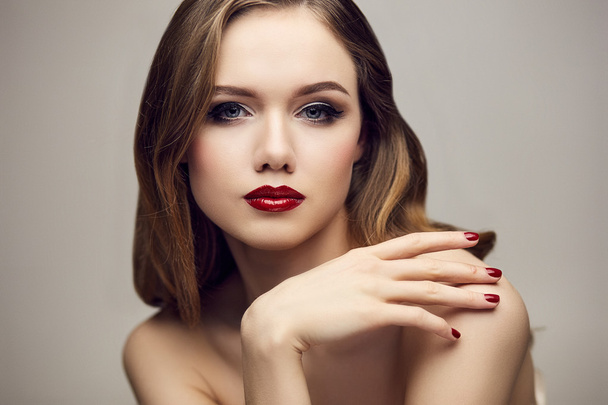 Serious red lips girl - Photo, Image