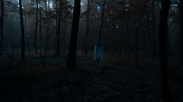 Achteraanzicht van mooie vrouw in wit overhemd staat in donker bos en verspreiden van haar armen - thriller scène. Video van de sensuele schoonheid staande tussen bomen met mistige achtergrond. - Video