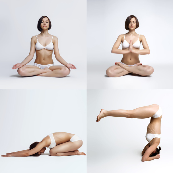 Set of yoga poses by slim woman on white background - Foto, Imagen