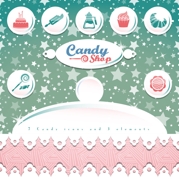 Candy shop icons and elements vector set candy game style with pink and green background - Vektor, obrázek