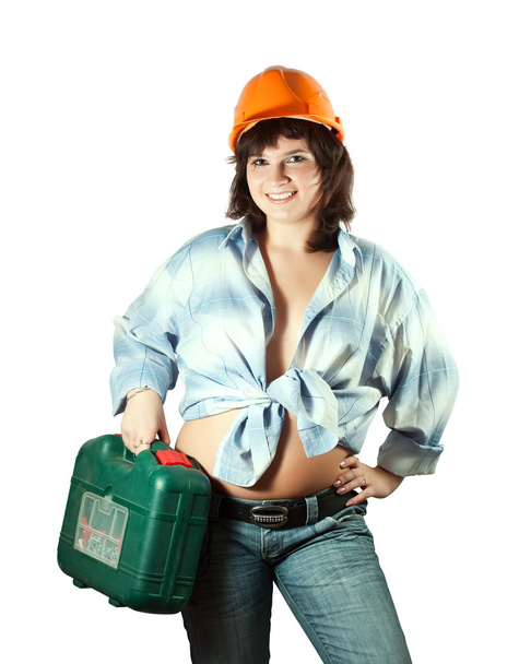Girl in hardhat with tool box - Foto, afbeelding