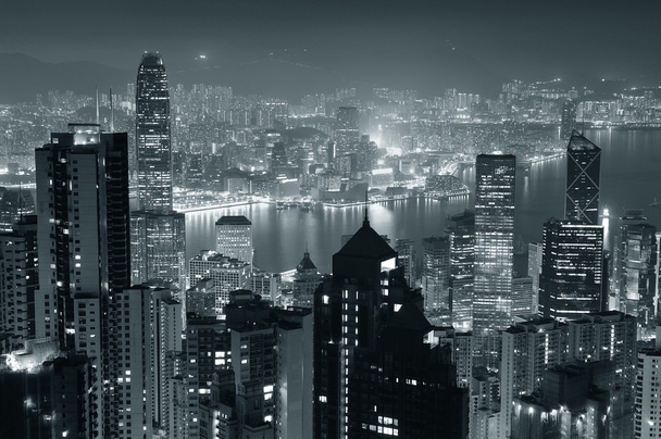 Hong Kong вночі в чорному та білому - Фото, зображення