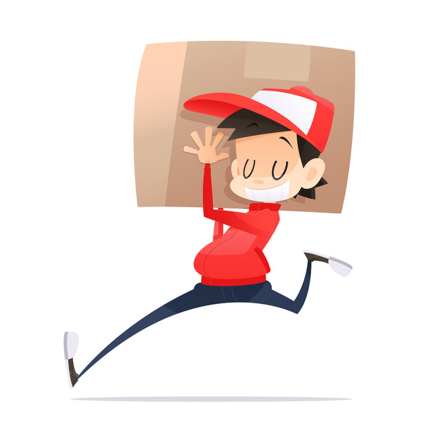 Postman in red uniform holding package near stairs - Vector, Image