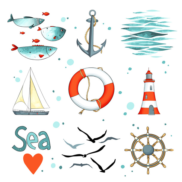 Sea set of 9 nautical elements  - Vector, Image