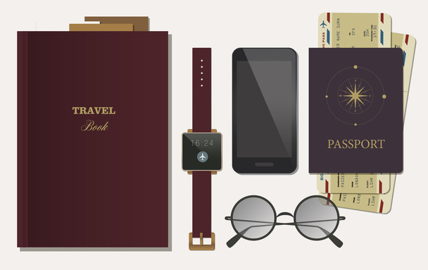 Vlakke Lay elementen smartphone en reizen van objecten - Vector, afbeelding