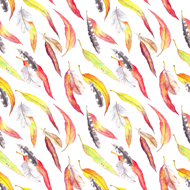 Colored leaves, feathers. Seamless autumn pattern. Watercolor - vintage style - Foto, immagini