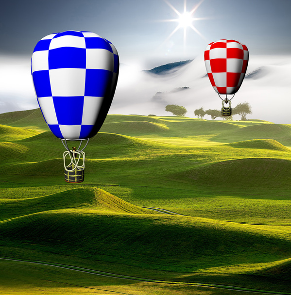 Bâtiment de style grec avec des montgolfières colorées
 - Photo, image