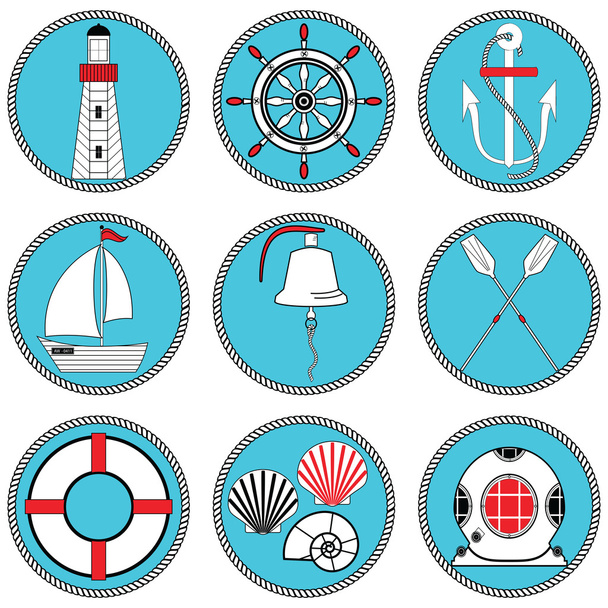 Nautical elements type 1 icons set in knotted circle including  boat bell, boat, oars, rudder, vintage diving mask, life ring, light house, sea shells and anchor - Vector, Image