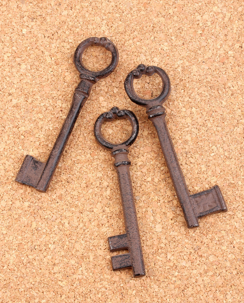 A bunch of antique keys on cork background - Foto, Imagen
