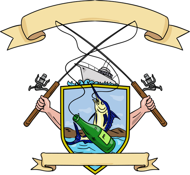 Horgászbot tárcsás kék Marlin hal sör üveg címer rajz - Vektor, kép