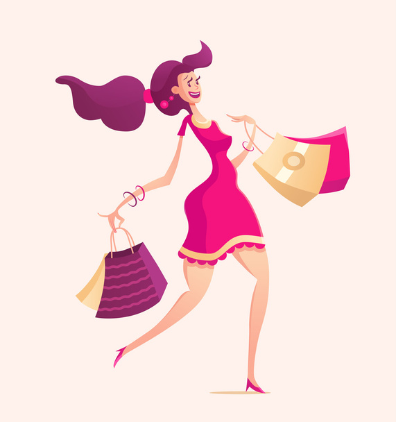 Illustration of happy female with shopping bags - Вектор, зображення