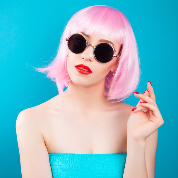 beautiful woman wearing pink wig  - Фото, изображение
