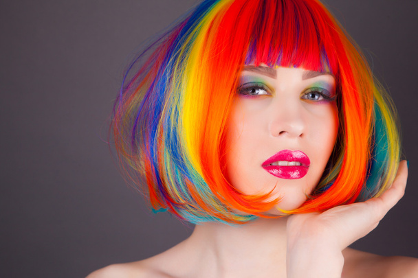beautiful woman wearing colorful wig - 写真・画像