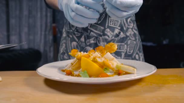 Chef decora um prato de verduras o camarão
 - Filmagem, Vídeo