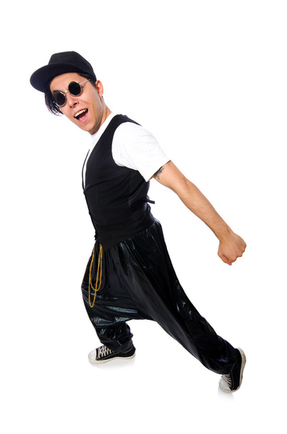 Jeune homme drôle dansant isolé sur blanc - Photo, image
