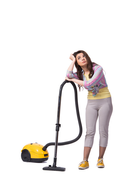 Woman with vacuum cleaner isolated on white - Fotoğraf, Görsel