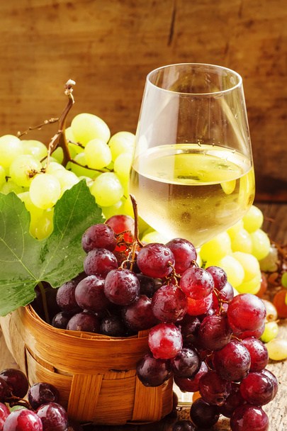 White wine in a glass and green and red grapes  - Fotoğraf, Görsel
