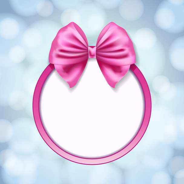 pink ribbon bow and round frame on blurry blue background. vecto - Vektor, Bild