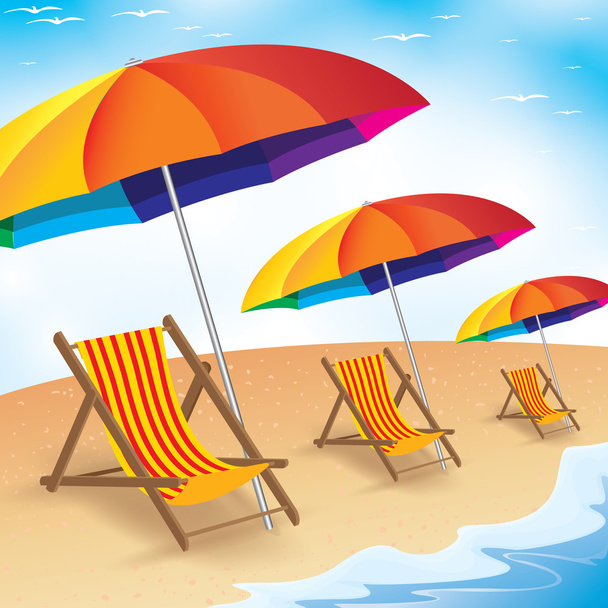 夏のビーチでの休暇。海岸ビーチ パラソルと椅子。ビーチ休日の夏の背景. - ベクター画像