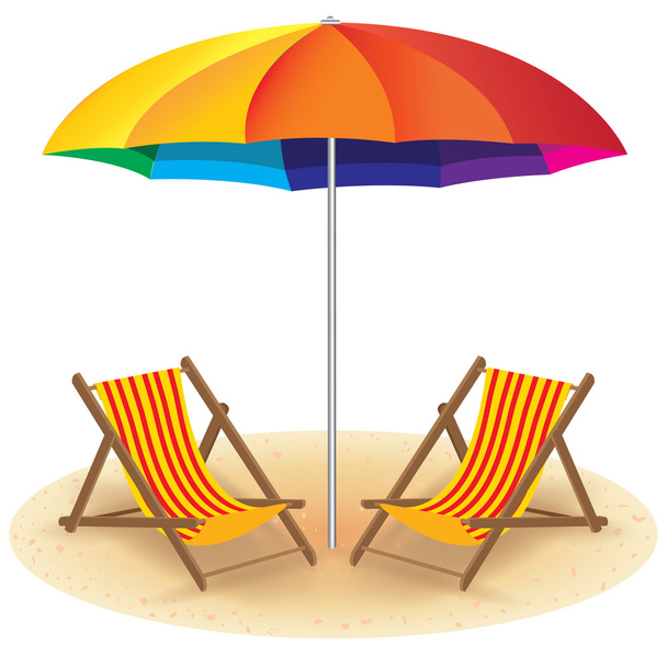 Sonnenschirm und Liegestuhl. Strand mit Sonnenschirm und Liegestuhl. - Vektor, Bild