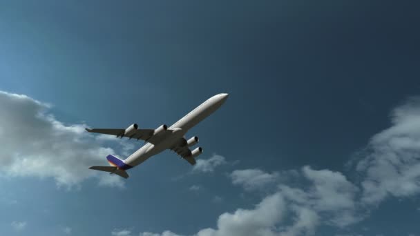 Samolot Airbus A340-600, wspinaczka przeciwko piękne niebo pochmurne, nie logo, 4 k pan - Materiał filmowy, wideo
