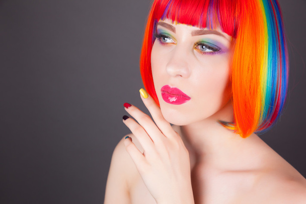beautiful woman wearing colorful wig - Φωτογραφία, εικόνα