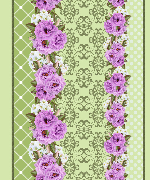 Pattern, seamless. Vertical floral border. Flower garland of purple roses and white flowers. - Φωτογραφία, εικόνα