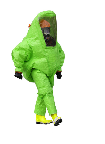 man met groene beschermende kleding tegen biologische risico 's - Foto, afbeelding