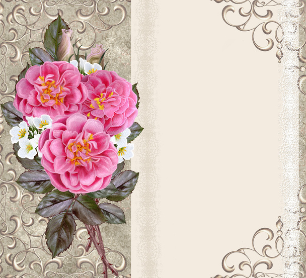 Vintage postcard. Old style. Bouquet of roses on a pastel background, invitation card. - Foto, imagen