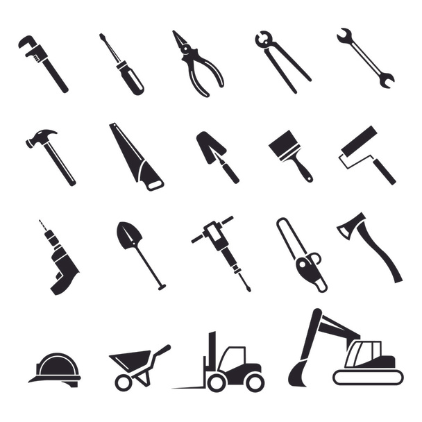 Kompletter Satz von Werkzeugsymbolen für Reparaturen, Bau, Montage - Vektor, Bild
