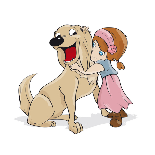liefde en tederheid van een klein meisje met haar hond - Vector, afbeelding