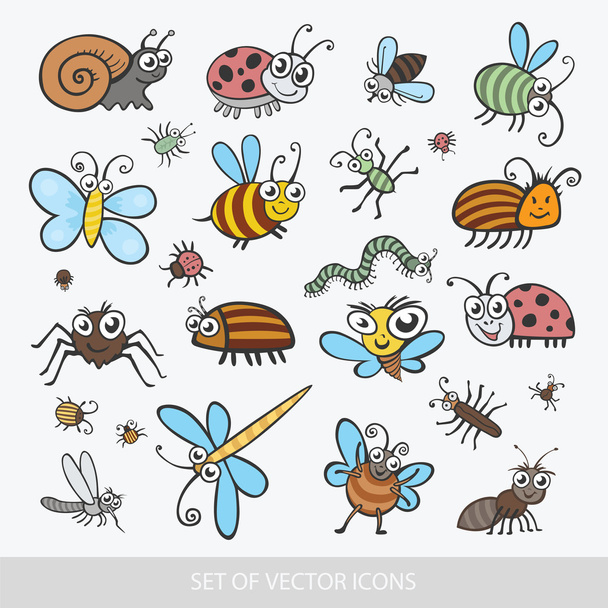 Ορίστε αστεία έντομα. Απομονώνονται σε λευκό φόντο. Σφήκα, μέλισσα, bumb - Διάνυσμα, εικόνα