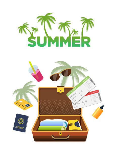 Flat design style travel luggage poster. Travel accessories. Summer logo or badge with palms. Vector banner. - Vektori, kuva