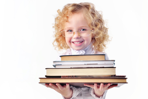 little girl with books isolated one white - Photo, Image