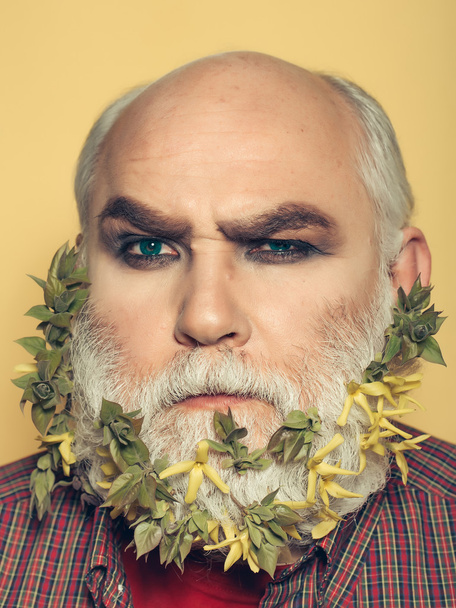 old man with flowers and leaves in beard - Фото, зображення