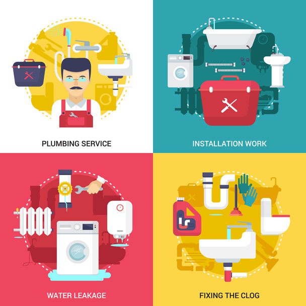 Plumbing Service 4 Flat Icons Square - Vector, Image