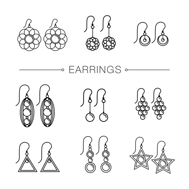 Black earrings icons, set jewelry - Vector, Image