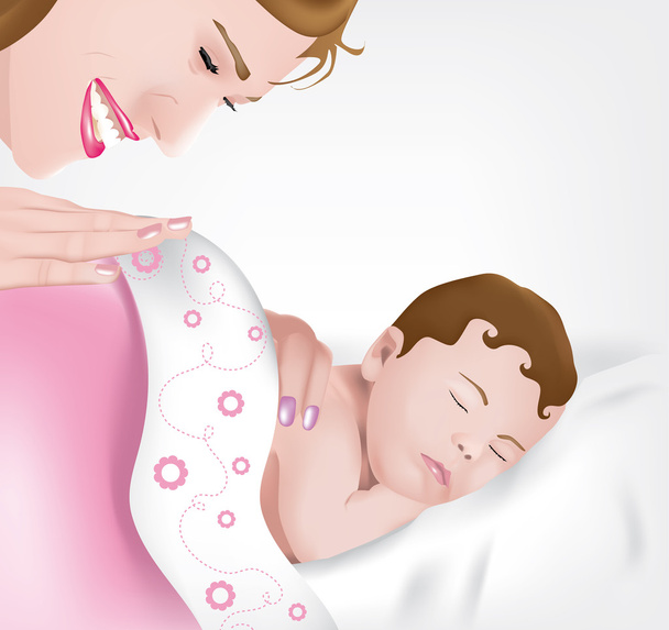 Asleep baby girl with mother - Vector, Image