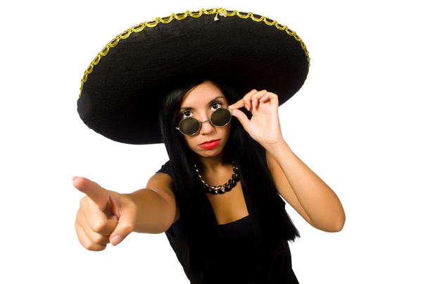 Jeune femme mexicaine portant sombrero isolé sur blanc
 - Photo, image