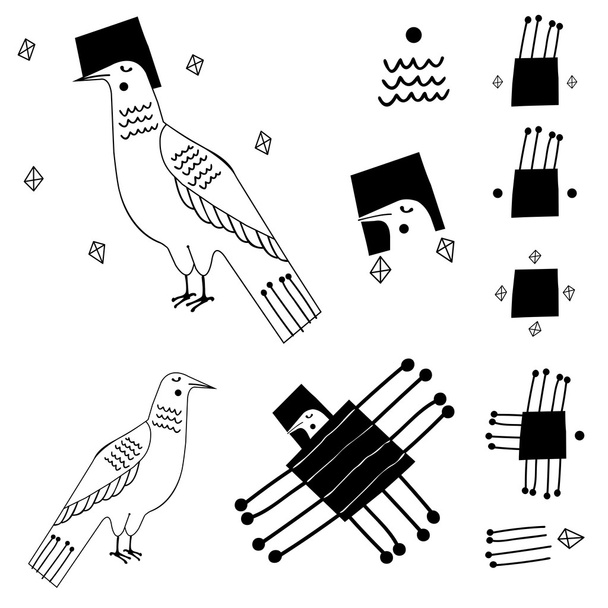 Set of minimalist black birds with decorative elements - Vector, Image