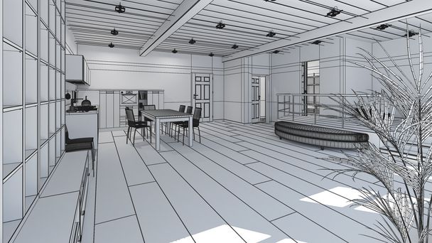 3D Interior renderização de um loft minúsculo
 - Foto, Imagem