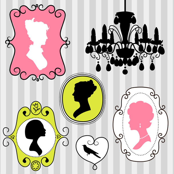 Cute vintage frames with ladies silhouettes - Vector, afbeelding