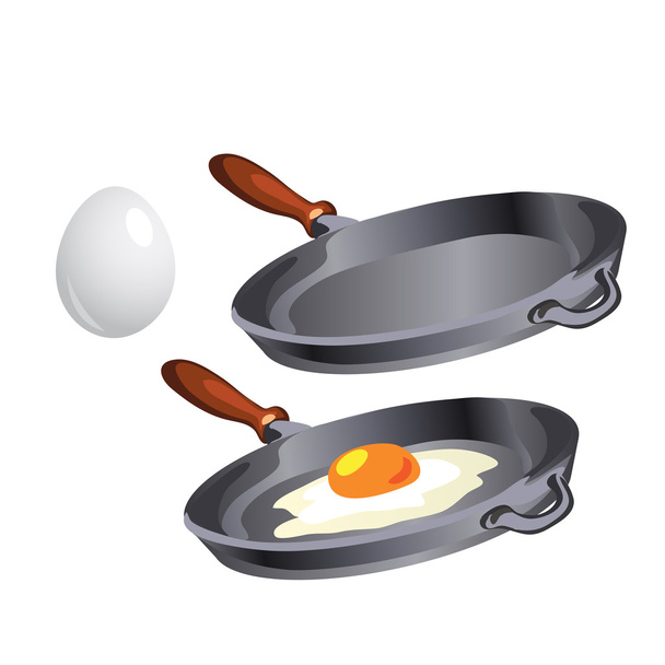 Scrambled eggs in pan, cooking breakfast - Vektori, kuva