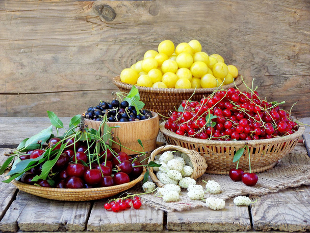 Frutas y bayas frescas en cestas sobre fondo de madera: grosellas rojas y negras, frambuesas, cerezas, ciruelas amarillas
 - Foto, imagen