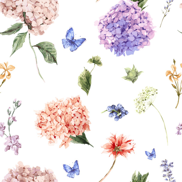 Floral seamless pattern with Blooming Hydrangea and garden flowe - Vector, Image