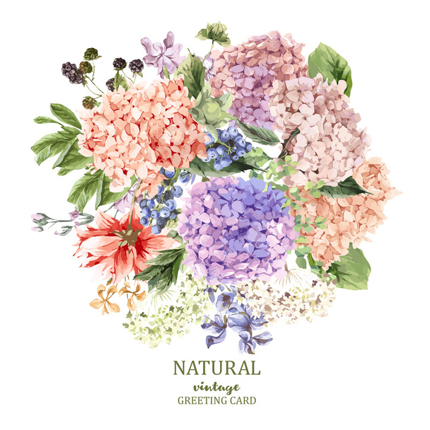 Floral Greeting Card with Blooming Hydrangea and garden flowers - Vector, Image