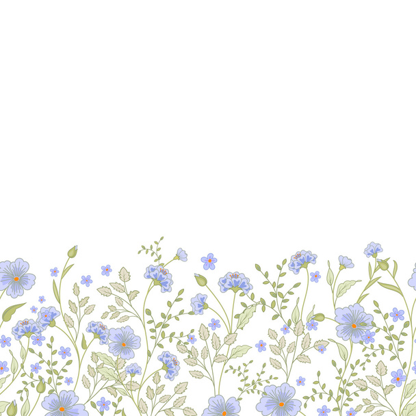 Horizontal seamless border with cute little flowers and herbs. Vector illustration. - Διάνυσμα, εικόνα
