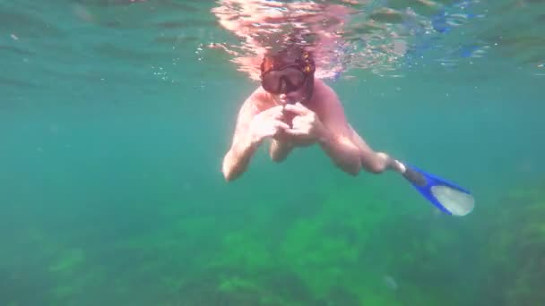 Νεαρός άνδρας στο μάσκα και βατραχοπέδιλα καταδύσεις στη θάλασσα - Πλάνα, βίντεο