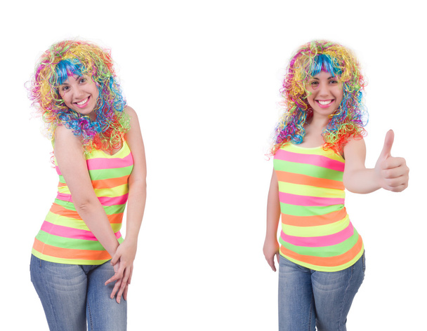 Woman with colourful wig isolated on white - Фото, зображення